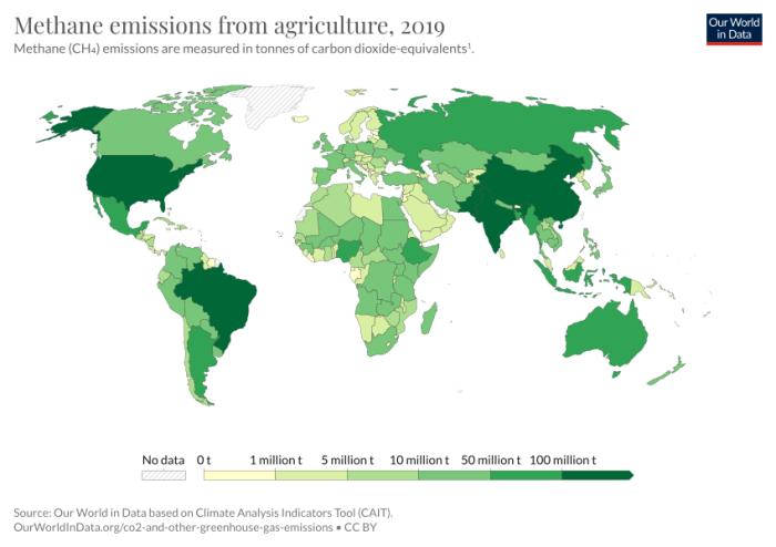 출처 Our World in DataOWID Methane emissions from agriculture 2019 CC BY 40
