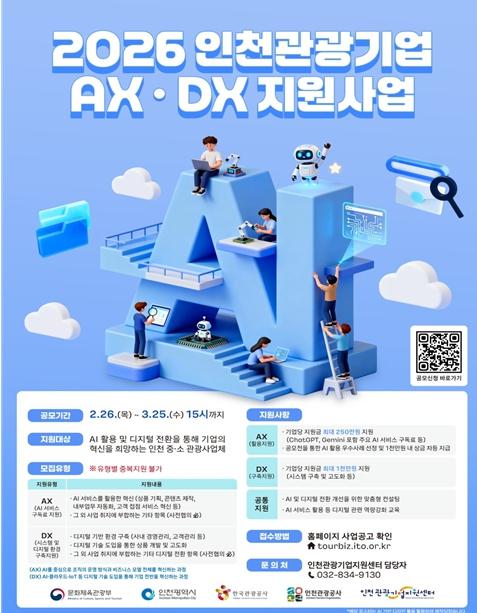 인천시, 관광기업 인공지능·디지털 전환 지원사업 3월 25일까지 공모