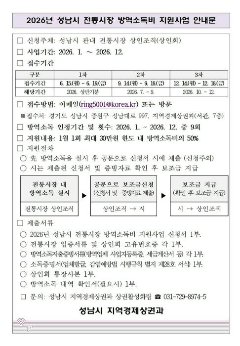 성남시 전통시장 방역소독비 지원 확대