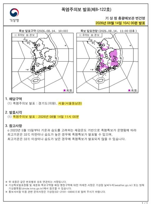 서울시, 폭염특보 해제 3일 만에 다시 무더위… 서울 동남권에 폭염주의보 발효